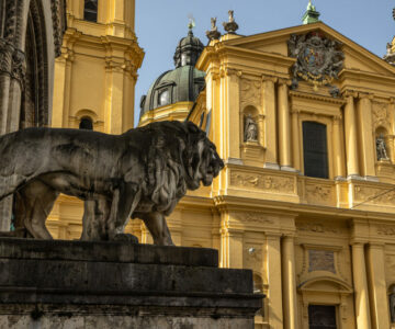 The statues of lions in front of the Field Marshall's Hall in Munich, Germany